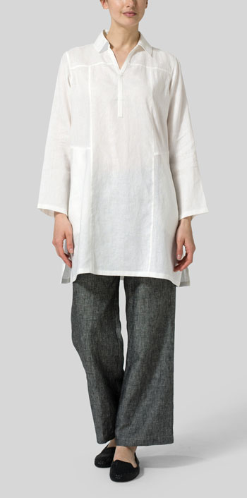 White Linen L/Sleeves V-Neck Tunic