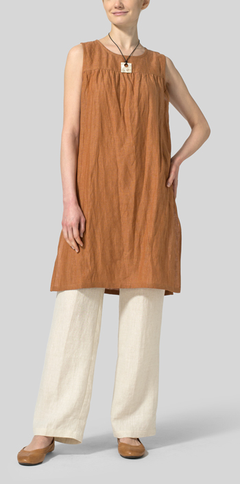 Rust Orange Linen Knee-Length Sleeveless Long Top Set