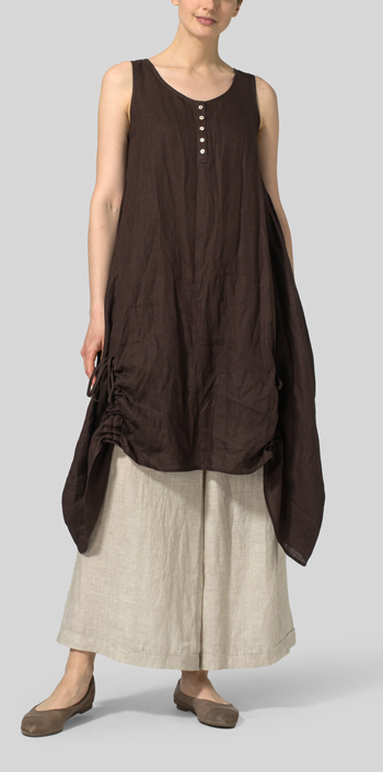 Brown Linen Asymmetrical Hem Sleeveless Dress