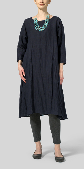 Navy Linen A-Line Round Neck Dress With Necklace