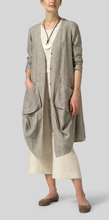 Khaki Stripe Linen Long Blouse Dress
