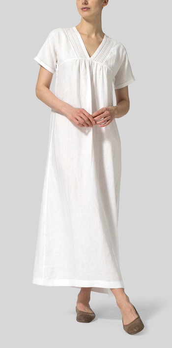 White Linen Deep V-Neck Long Dress