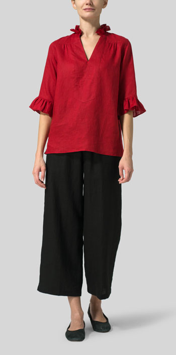 Red Linen Ruffle Stand Collar Top