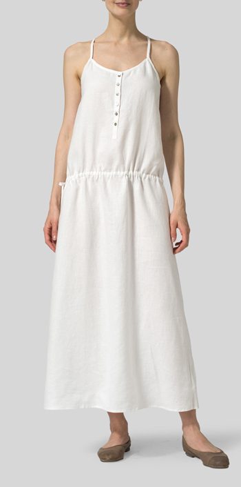 White Linen Half Button-Down Sleeveless Dress