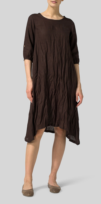 Brown Linen Flare Midi Dress
