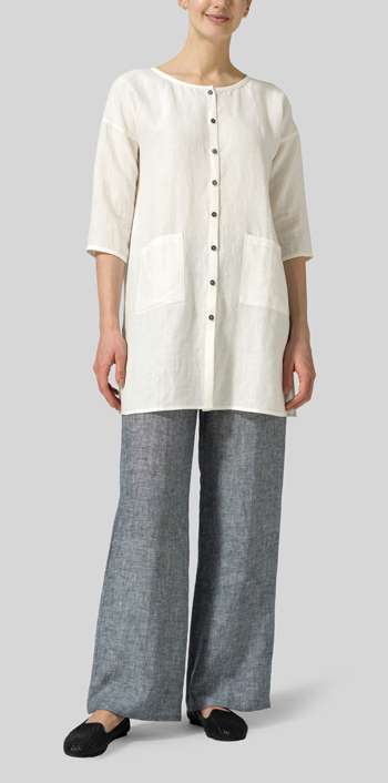 Off White Linen Round Neck Button Front Top