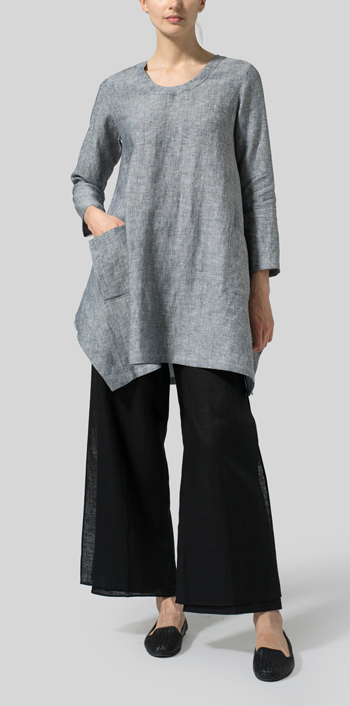 Two Tone Navy White Linen Long Sleeve Top