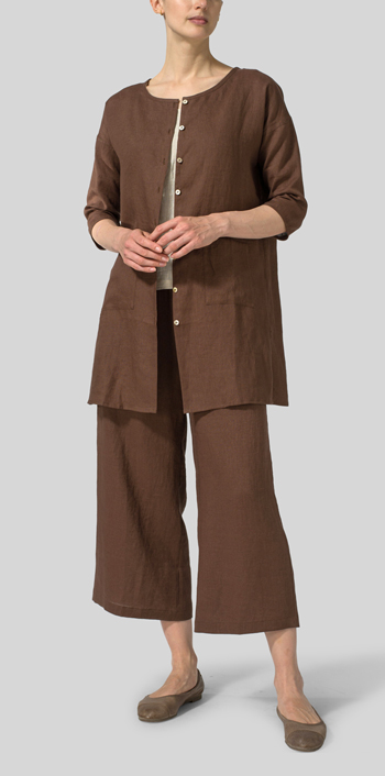 Brown Linen Round Neck Button Front Top Set