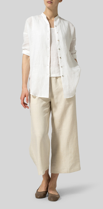 White Linen Mandarin Collar Drop-shoulder Long Shirt Set