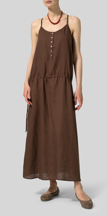 Brown Linen Half Button-Down Sleeveless Dress