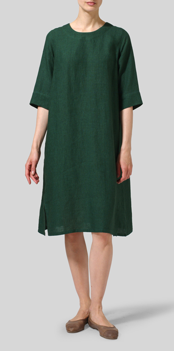 Green Linen Half Sleeve Dress