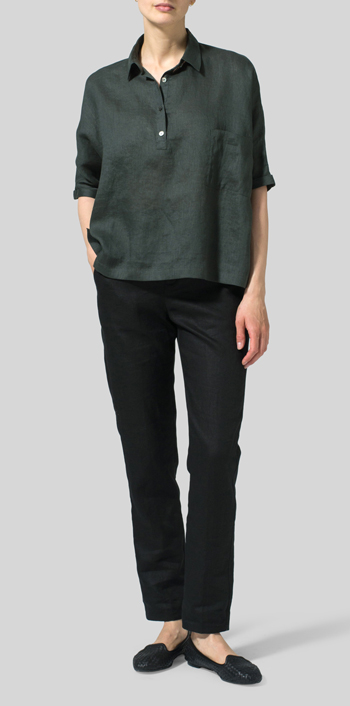 Dark Green Linen Classic Collar Short Sleeves Shirt