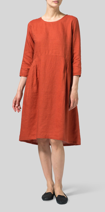 Burnt Orange Linen Empire Waist Midi Dress