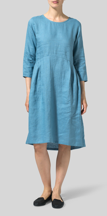 Pale Blue Linen Empire Waist Midi Dress