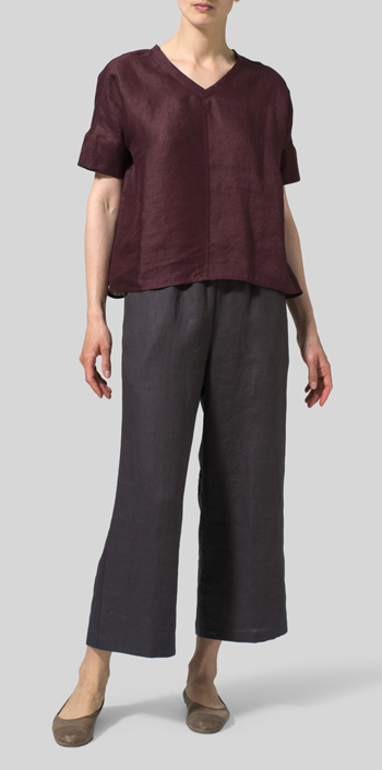 Burgundy Linen Sloped Shoulder Wide Boxy V-neck Cropped Top  
