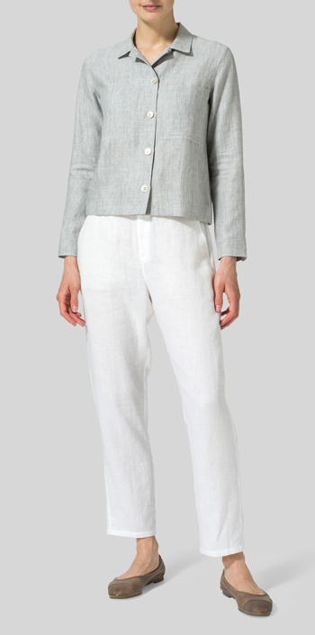 Two Tone Light Gray Linen Cropped Shirt Jacket with Pockets
