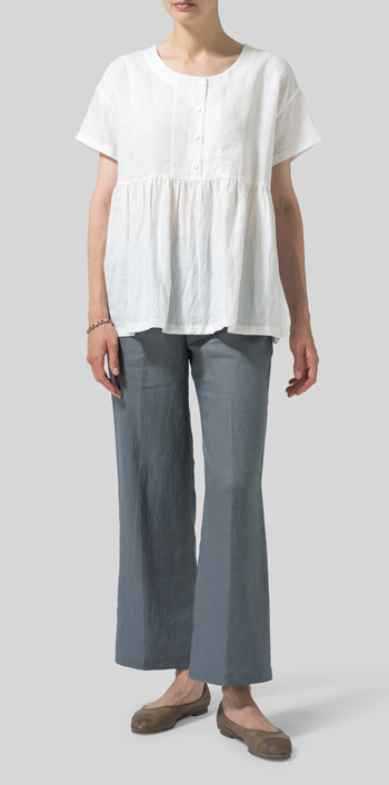 White Linen Dropped Shoulder Round Neck Top
