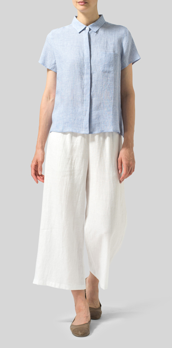 Blue White Linen Short Sleeve Mini-point Collar Shirt