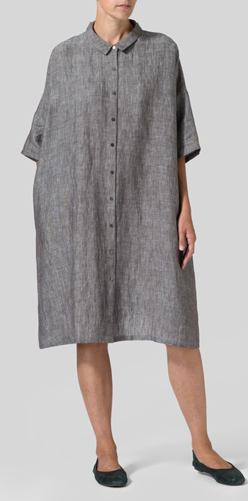 Two Tone Brown Linen Classic Collar Oversized Tunic