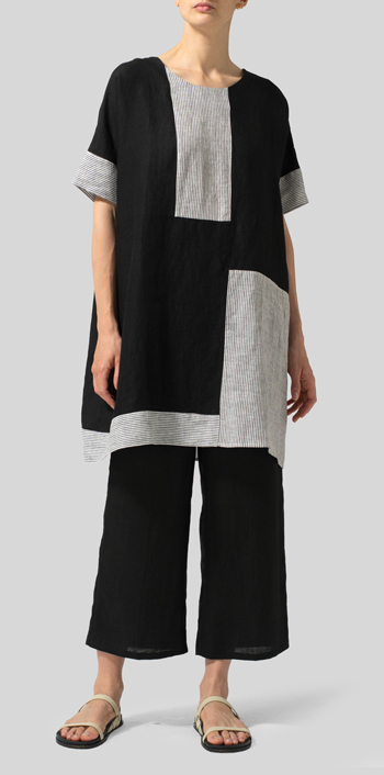 Black Stripe Linen Oversize Patchwork Tunic