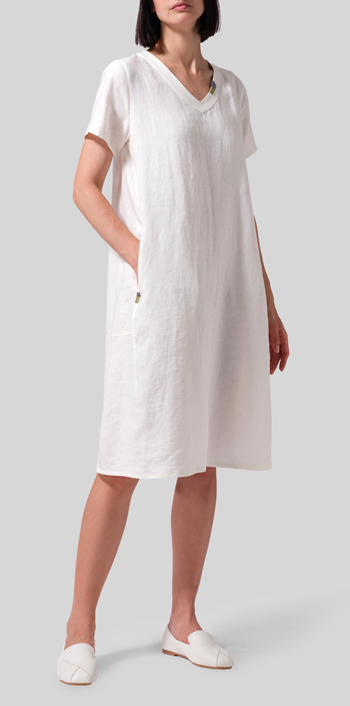 Cream White Heavy Linen Short-Sleeve Heart-Neck Dress