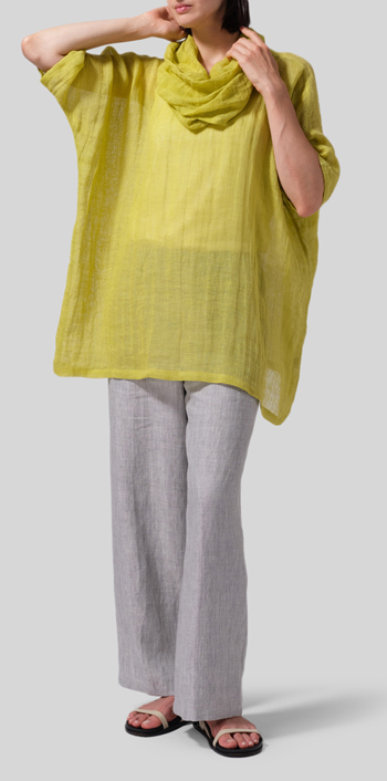 Yellow Linen Cowl Neck Raglan Sleeves Top Set