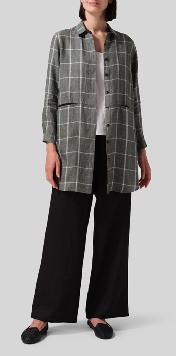 Green Plaid Linen Contrast Collar Shirt Jacket