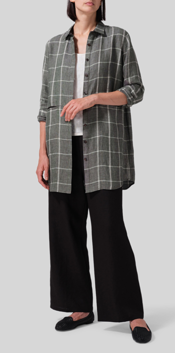 Green Plaid Linen Contrast Collar Shirt Jacket