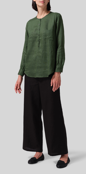 Grass Green Linen Round Neck Long Sleeve Shirt