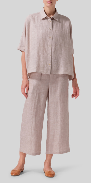 Two Tone Beige Linen Boxy Sleeves Shirt Set