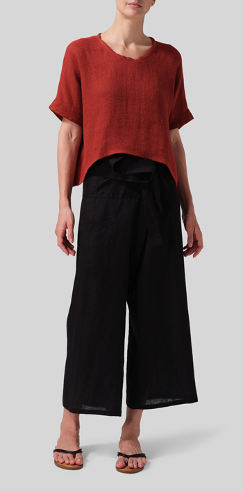 Red Linen Classic Dropped Shoulder Top Set