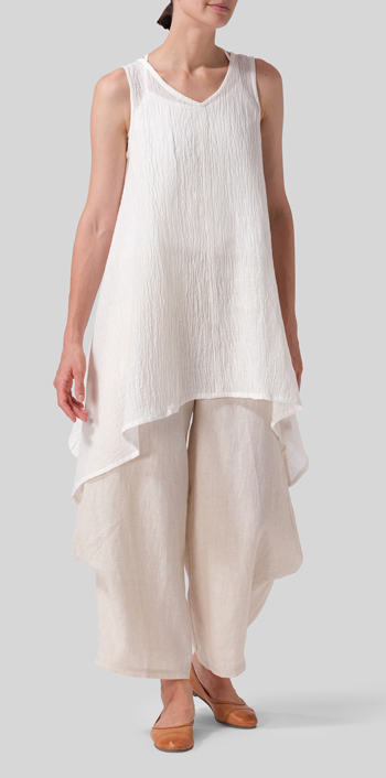 White Linen V-Neck A-shape Top