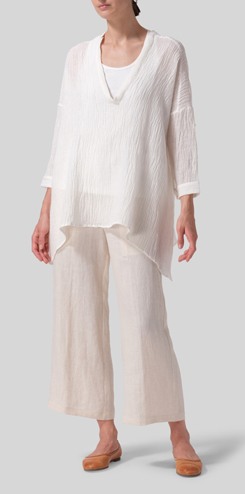 White Linen Loose Deep V-neck Overtop