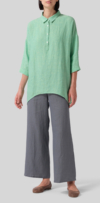 Two Tone Yellow Green Linen Oversized Straight-Cut Shirt