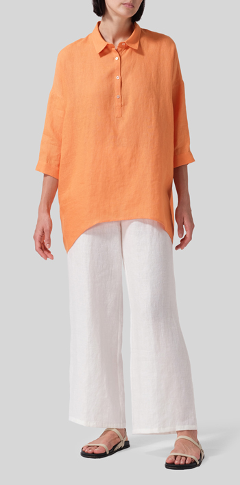 Orange Linen Oversized Straight-Cut Shirt