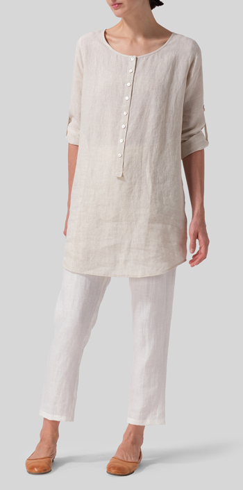 Oat Linen Half Button Long Top