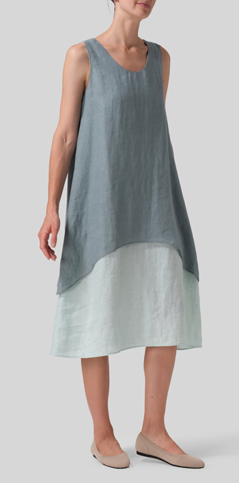 Green Gray Linen Double Layer Sleeveless Tunic Dress