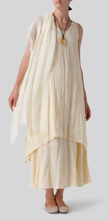 Lemon Chiffon Linen Sleeveless Crumple Effect Long Dress Set