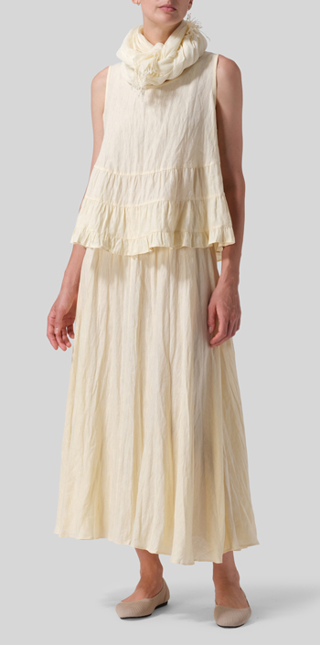 Lemon Chiffon Linen Sleeveless Pleated Blouse Set