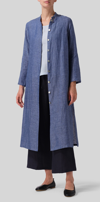 Azure Blue Linen Long Slim Shirt Dress Set