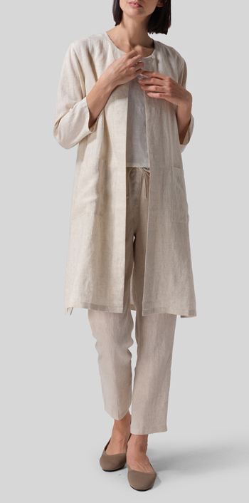 Oat Linen Single-Button Long Blouse Set