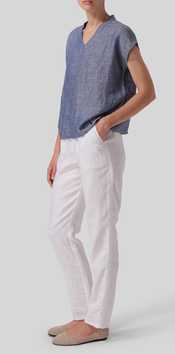 Two Tone Denim Linen Perfect Cap Sleeve Top