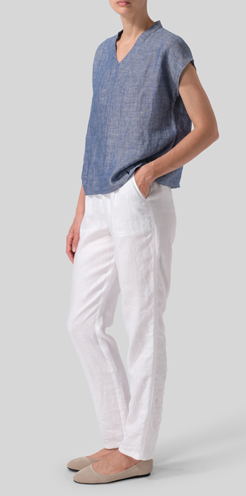 Two Tone Denim Linen Perfect Cap Sleeve Top