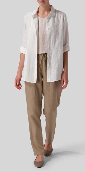 Off White Linen Long Sleeve Uneven Hem Shirt