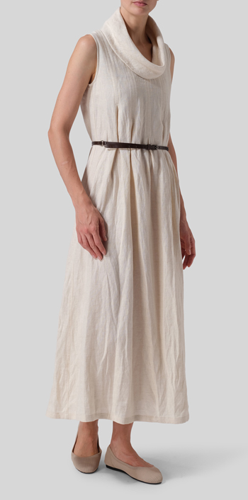 White Sand Linen Sleeveless Cowl Neck Long Dress