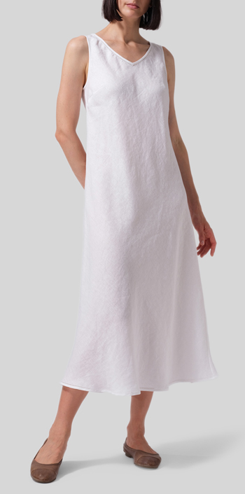 White Linen Bias Cut Sleeveless Long Dress