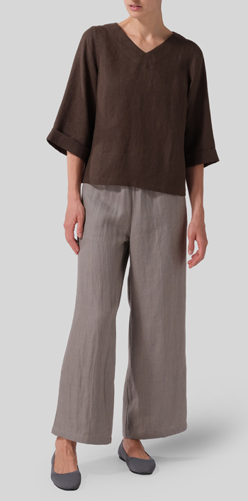 Dark Olive Brown Linen Wide Sleeves V-Neckline Blouse