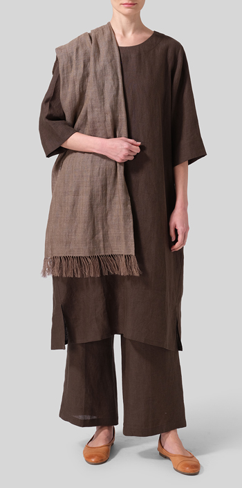 Dark Olive Brown Linen Half Sleeve Dress Set