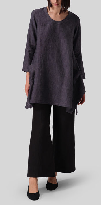 Smokey Blue Gray Linen Long Sleeve Top