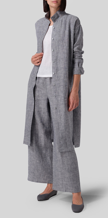 Two Tone Navy White Linen High Stand Collar Long Shirt Set